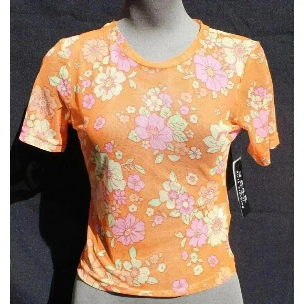 New Womens Girls Flower Mesh Groovy Retro Crop Top Emo Girl Indie Core Shirt M
